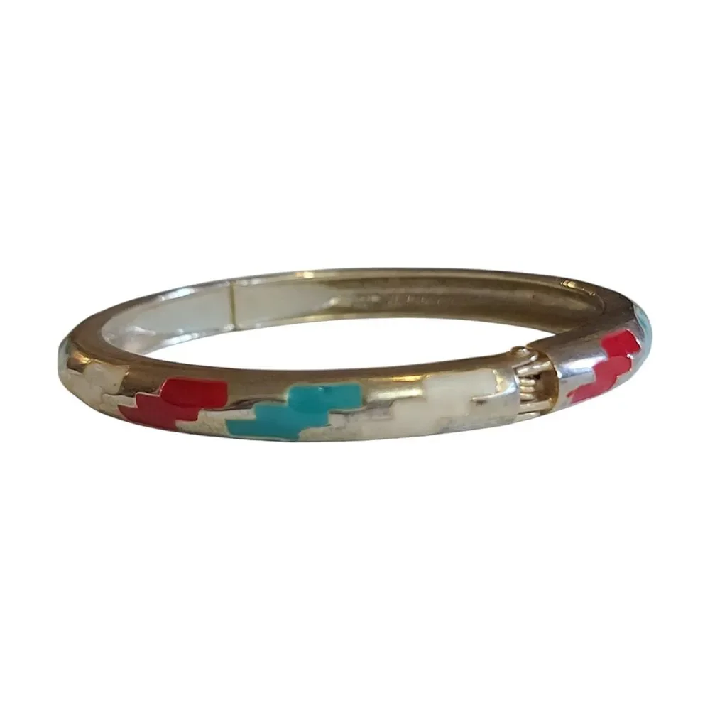 Vintage Silver Tone Hinged Enamel Bracelet Aztec Pattern